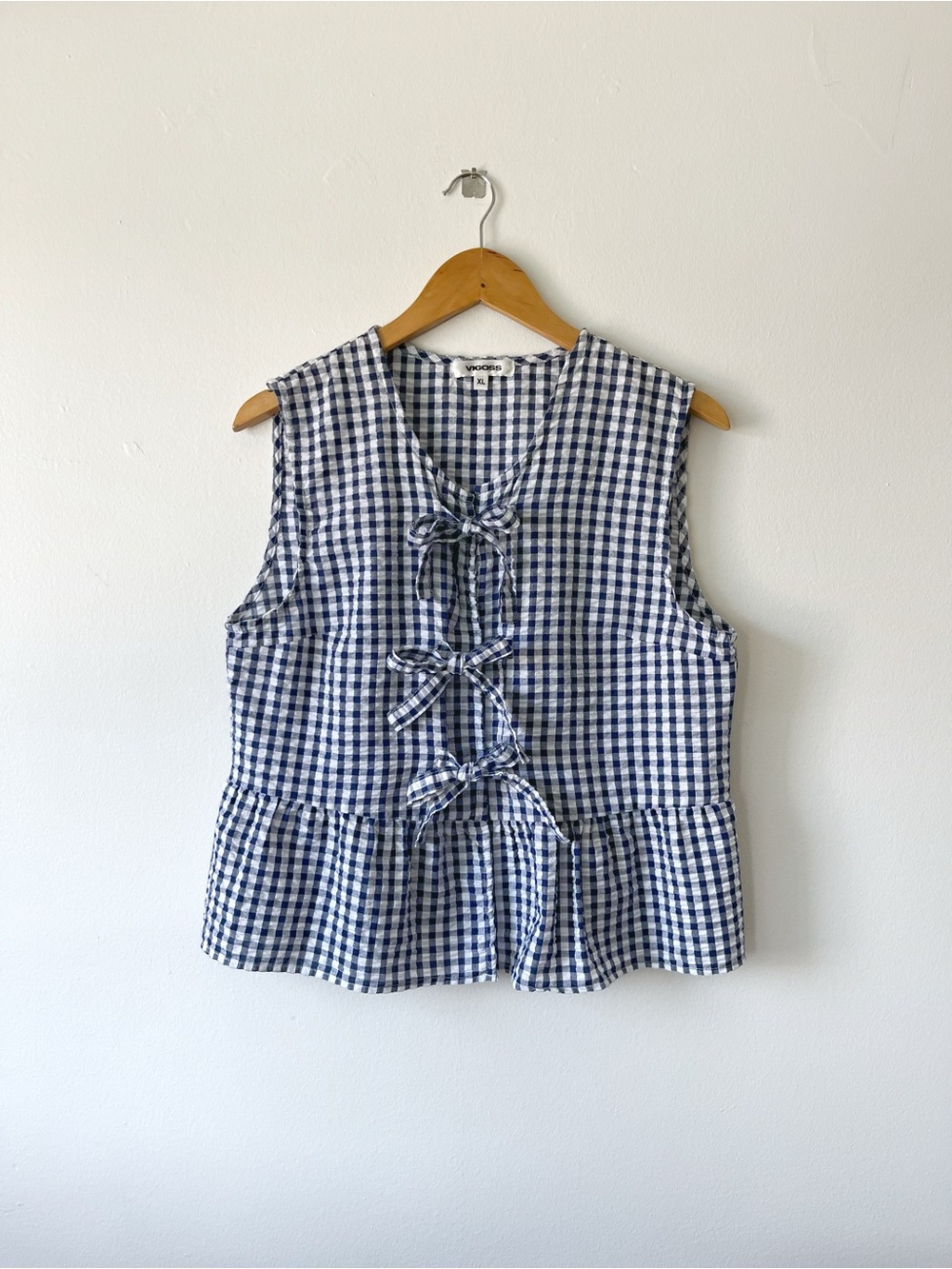 Navy and White Gigham Tie-front Sleevless Top - Size M/L